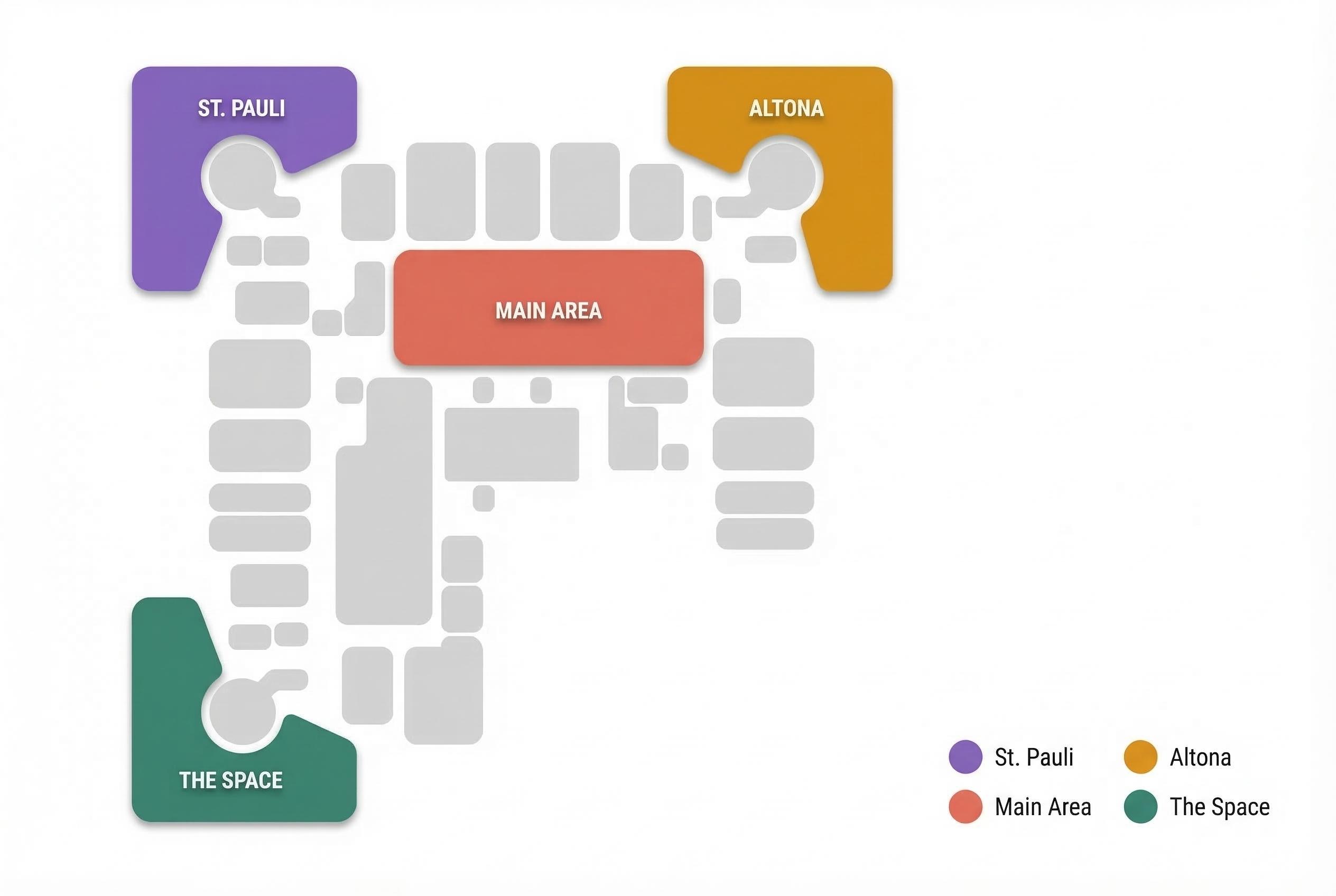 SAE Institute Hamburg room plan showing St. Pauli, Altona, Main Area, and The Space